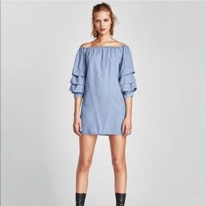 Zara Ruffle Tier Sleeve Chambray Dress